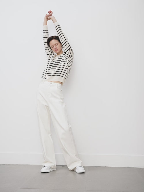 Load image 1 in gallery view. White cashmere sweater with round neck, striped