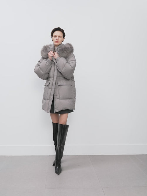 Load image 1 in gallery view. Women's Gray Warm Goose Puffer Hooded Jacket with Fur