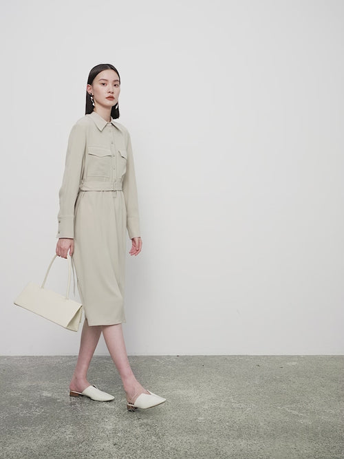 Load image 1 in gallery view. Belted dress with classic collar, long sleeves, beige