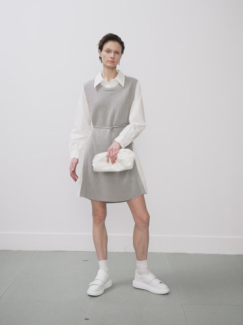 Load image 1 in gallery view. Women's Gray Whit Floral Classic Collar Long Sleeve Belted Splicing Dress