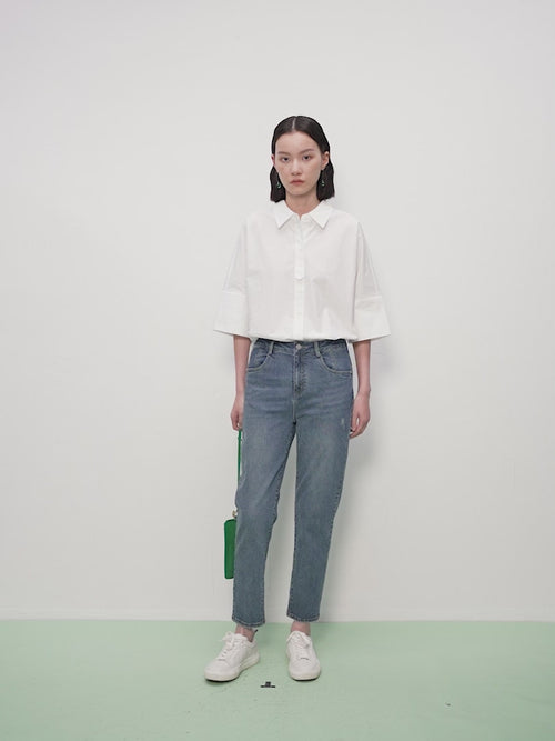 Load image 1 in gallery view. Dark blue cotton straight jeans
