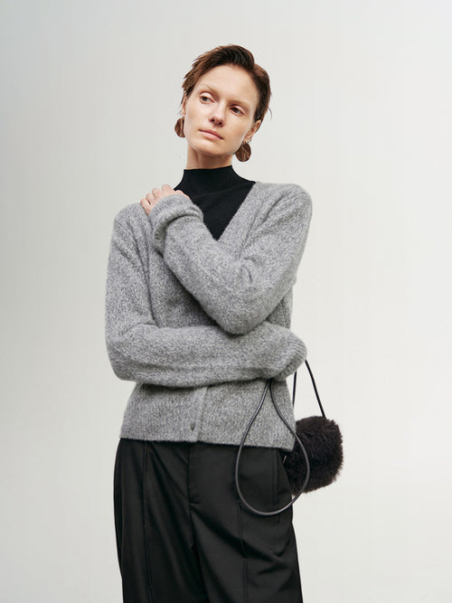 Load image 1 in gallery view. Gray cashmere V-neck cardigan with buttons