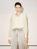 Women's White V Neck Pleat Design Long Sleeve Blouse