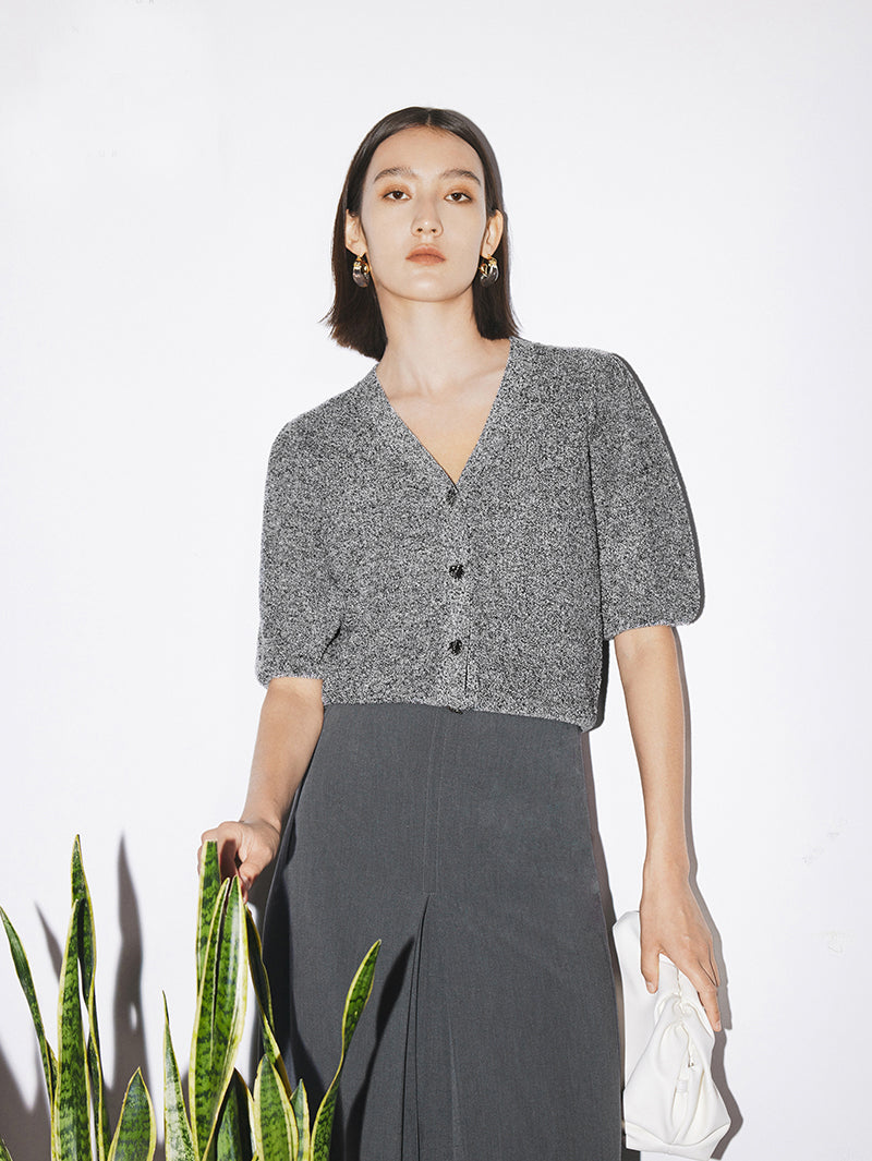 Women's Grey Brioche Stitch Puff Sleeve Top