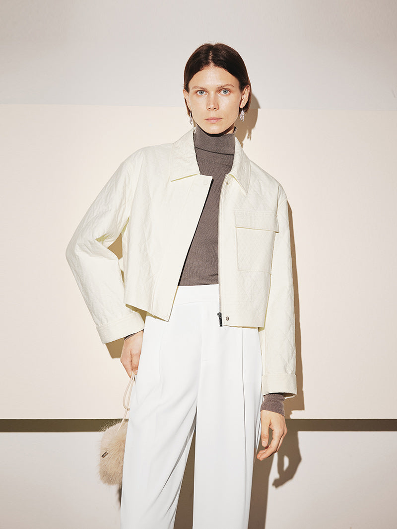 Women's White Classic Collar Cotton Short Jacket