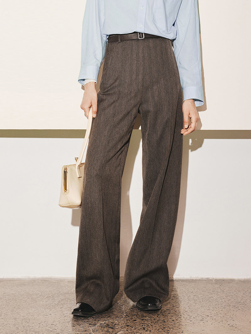 Women's Caramel Herringbone Plaid Wide Leg Trousers