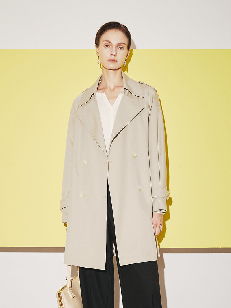 Double-breasted, straight trench coat with notched lapel collar, beige