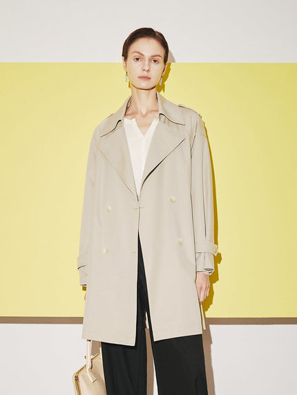 Double-breasted, straight trench coat with notched lapel collar, beige