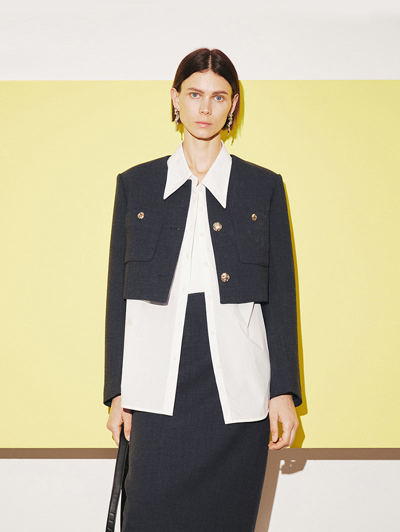 Women's Premium Drak Gray Classic Pure Wool Short Jacket Suit