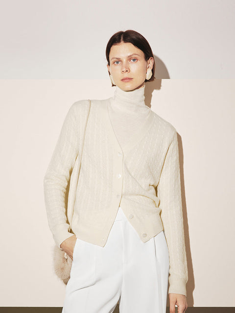 Women's White V Neck Knit Cashmere Cardigan