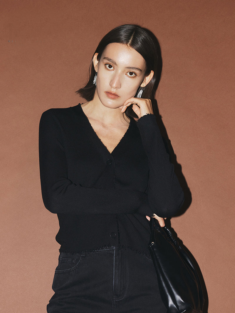 Women's Black V Neck Long Sleeve Lyocell Wool Silk Knit Top