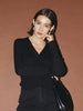 Women's Black V Neck Long Sleeve Lyocell Wool Silk Knit Top
