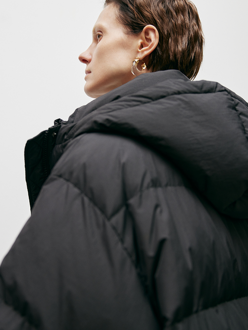 Load image 1 in gallery view. Women's Black Oversize Silhouette Goose Puffer Jacket with Hood
