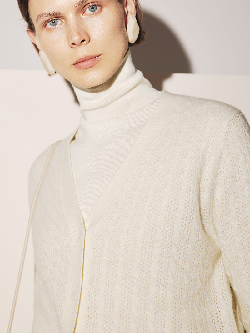 Women's White V Neck Knit Cashmere Cardigan
