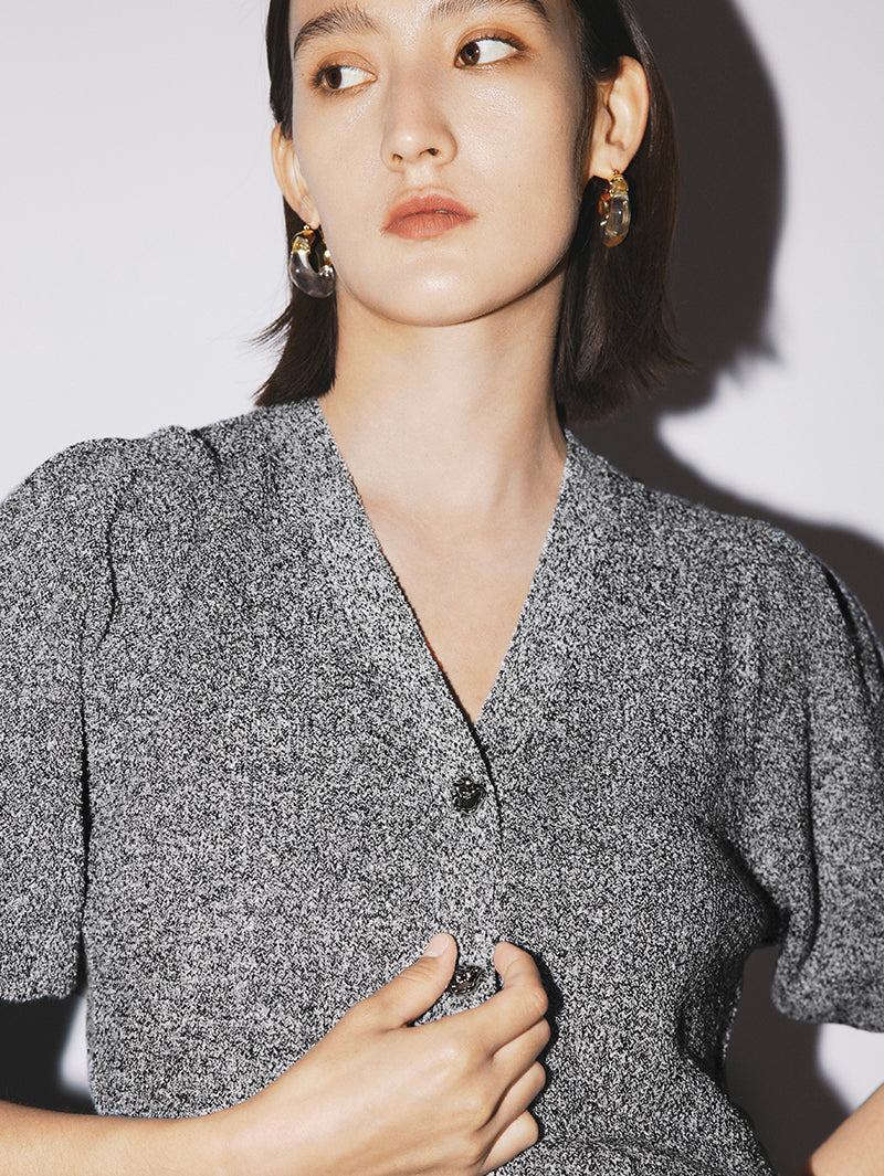 Women's Grey Brioche Stitch Puff Sleeve Top