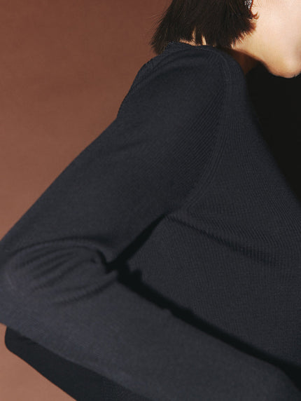 Women's Black V Neck Long Sleeve Lyocell Wool Silk Knit Top