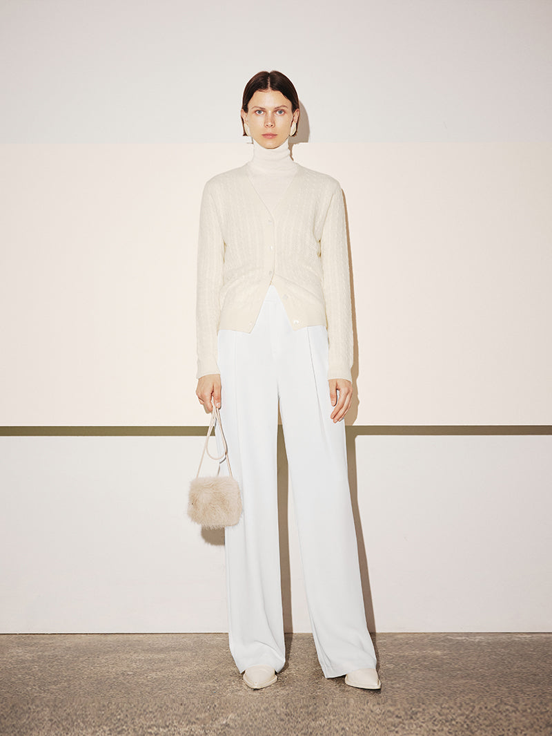 Women's White V Neck Knit Cashmere Cardigan