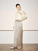 Women's White V Neck Pleat Design Long Sleeve Blouse
