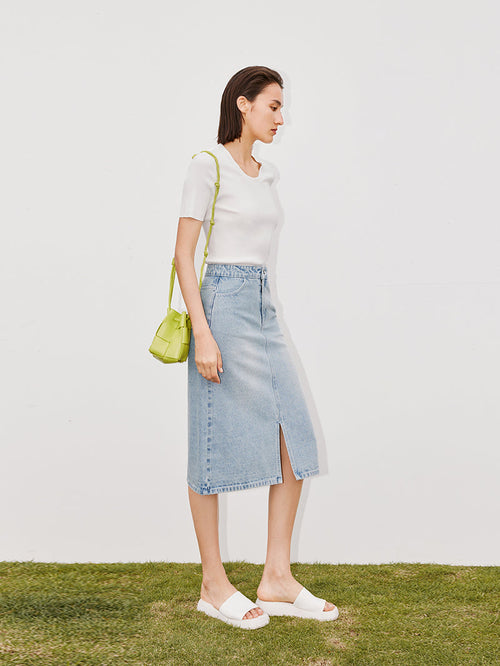 Charger l'image 1 dans la galerie. Women's Light Blue A Line Short Denim Skirt