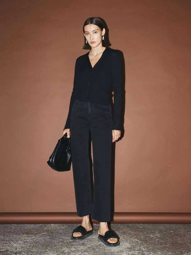 Women's Black V Neck Long Sleeve Lyocell Wool Silk Knit Top