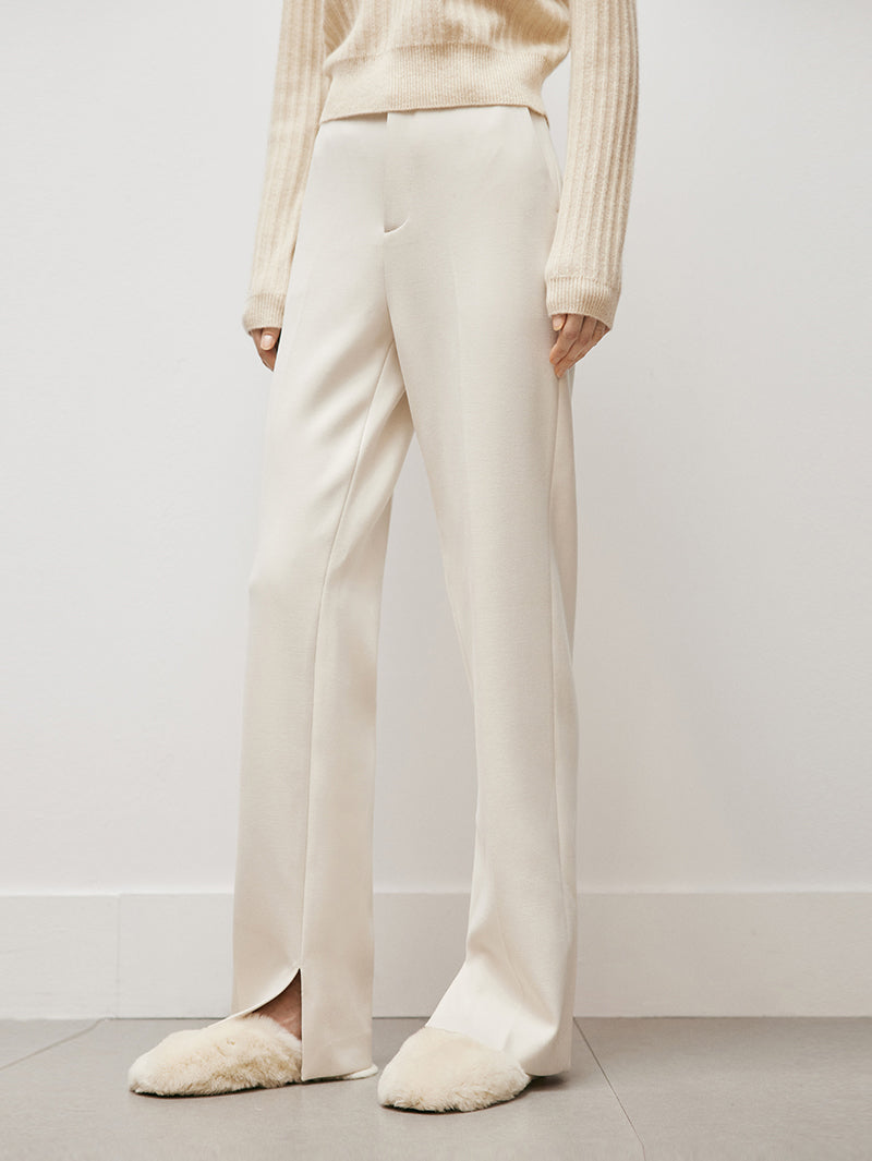 Women's White Regular Fit High Waist Leg Slit Trousers