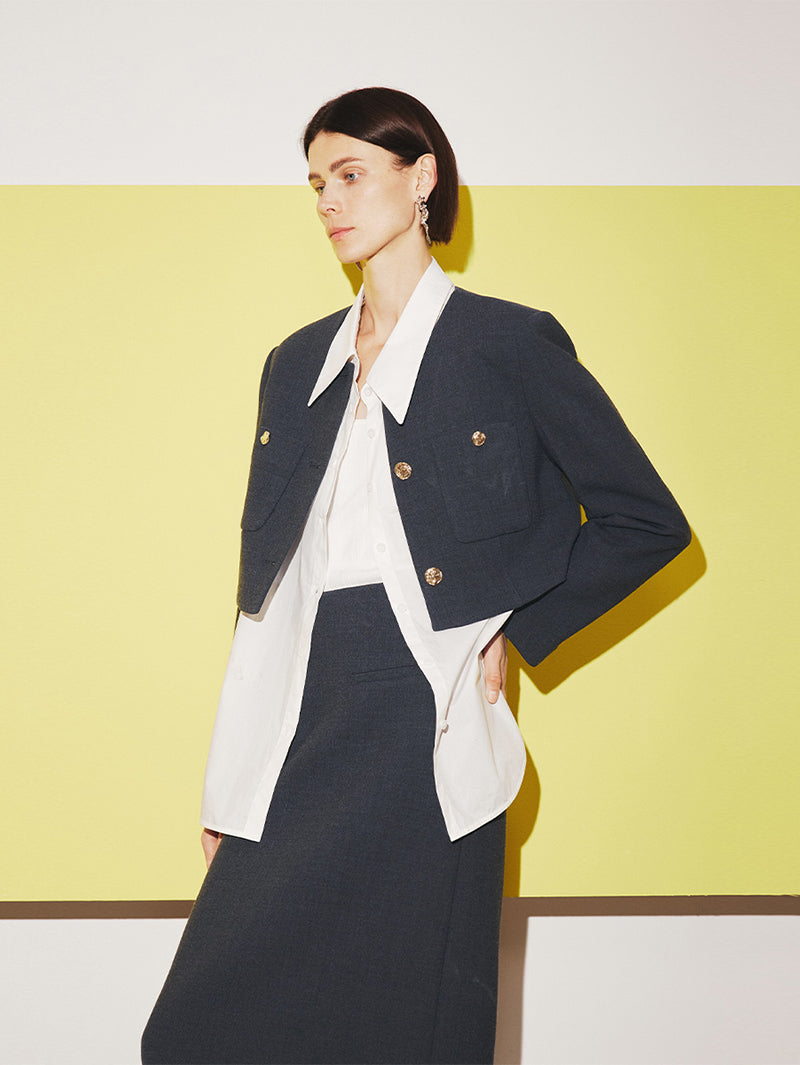 Women's Premium Drak Gray Classic Pure Wool Short Jacket Suit