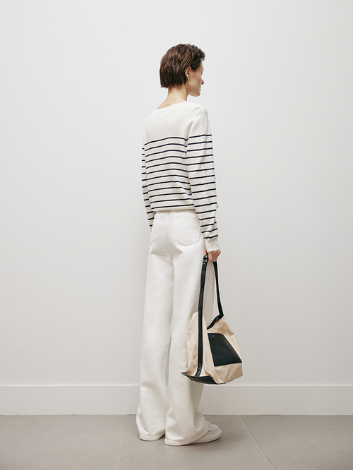 Load image 1 in gallery view. White cashmere sweater with round neck, striped