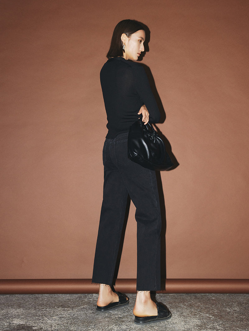 Women's Black V Neck Long Sleeve Lyocell Wool Silk Knit Top