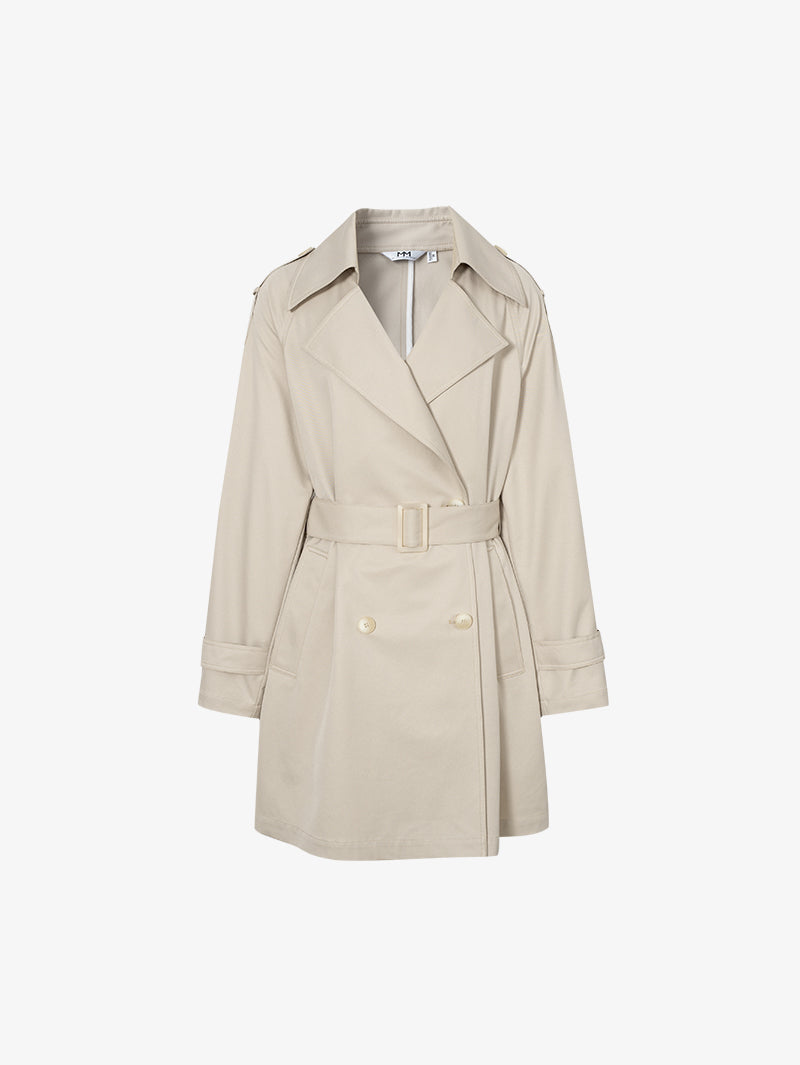 Double-breasted, straight trench coat with notched lapel collar, beige