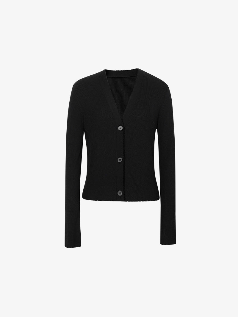 Women's Black V Neck Long Sleeve Lyocell Wool Silk Knit Top