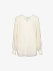 Women's White V Neck Pleat Design Long Sleeve Blouse