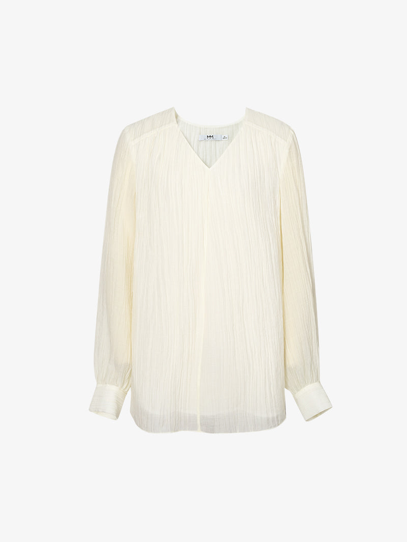Women's White V Neck Pleat Design Long Sleeve Blouse