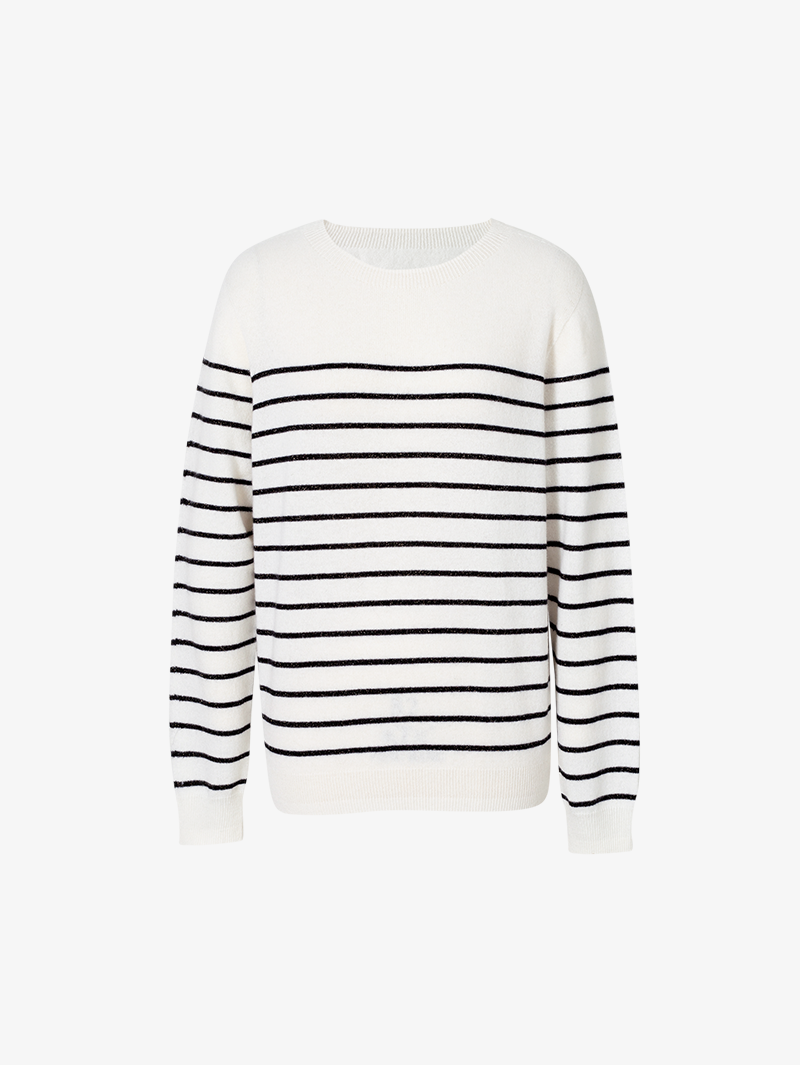 White cashmere sweater with round neck, striped
