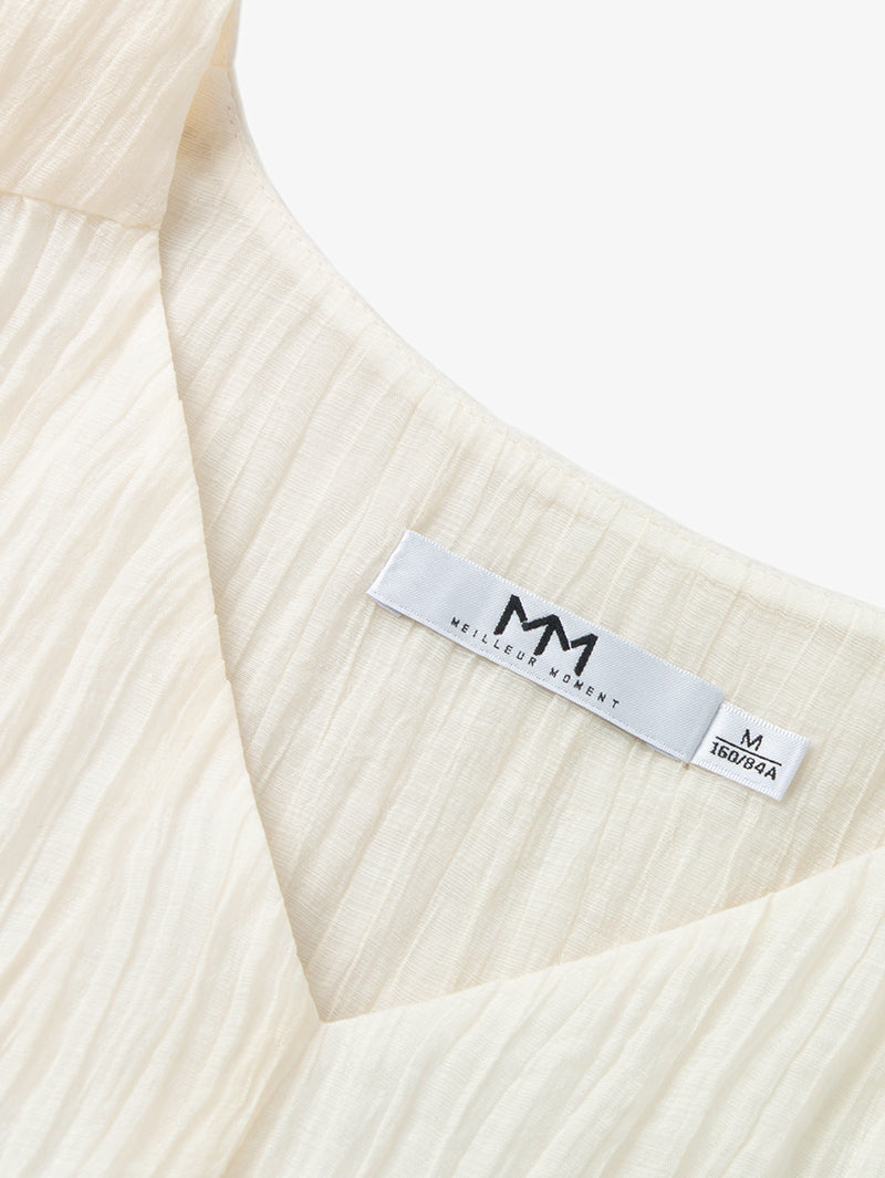 Women's White V Neck Pleat Deisgn Long Sleeve Blouse