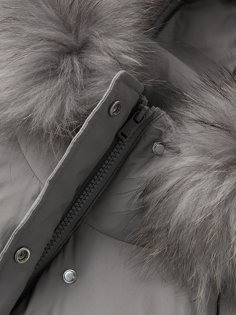 Women's Gray Warm Goose Puffer Hooded Jacket with Fur