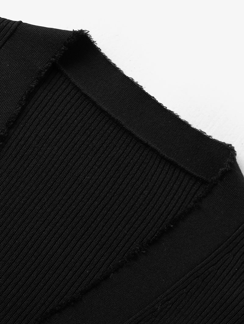 Women's Black V Neck Long Sleeve Lyocell Wool Silk Knit Top